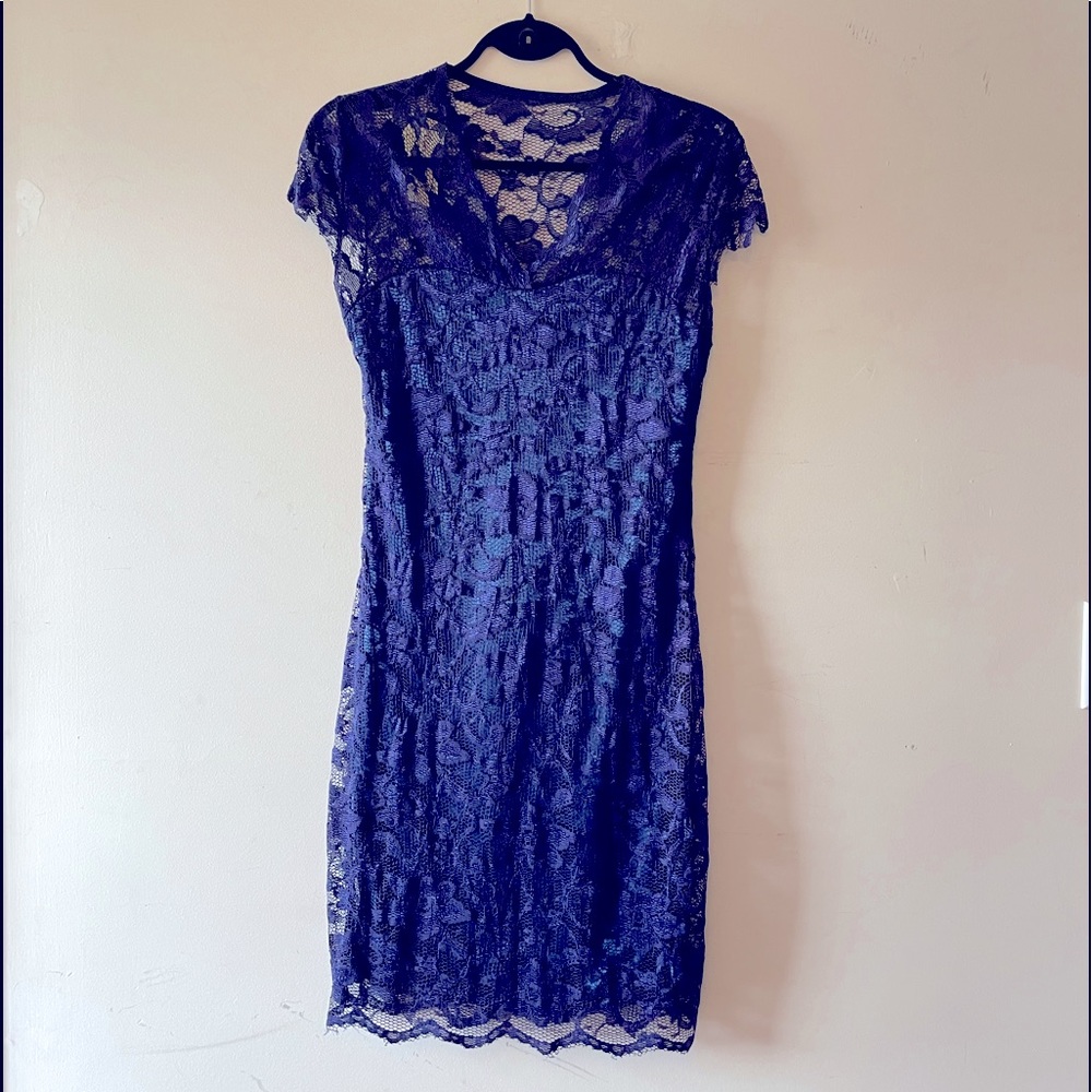 🆕Cheng Xin blue lace overlay short sleeve knee length dress women